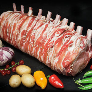 Rôti Porc Noir de Bigorre AOP manchonné et bardé de ventrèche disponible selon arrivage